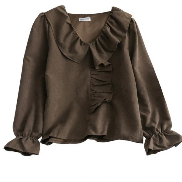 Moodne naiste särk spitsikaelusega, lokkide ja pikkade varrukatega