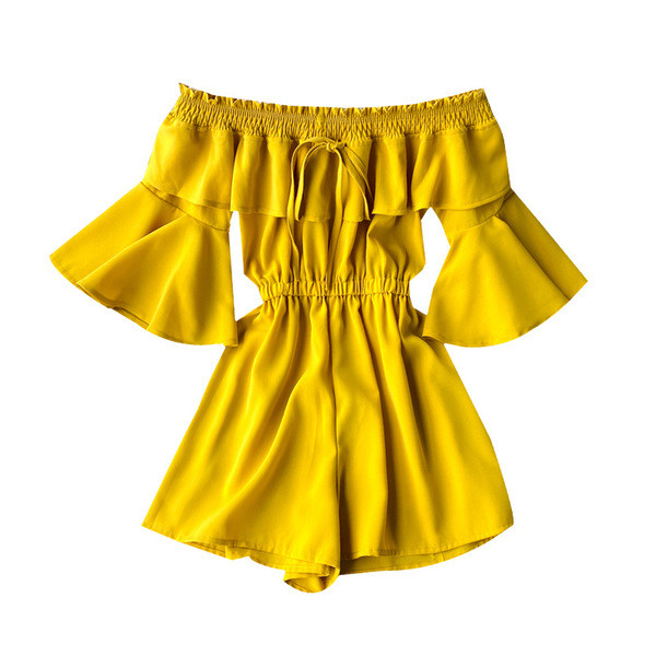 Ежедневен дамски гащеризон с връзки на талията и голи рамене 