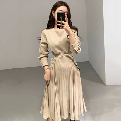 Модерна дамска есенна рокля с колан на талията и дълъг ръкав