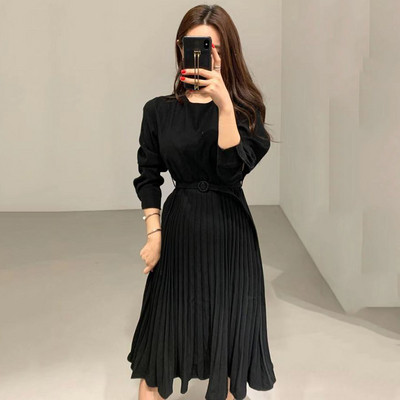 Модерна дамска есенна рокля с колан на талията и дълъг ръкав