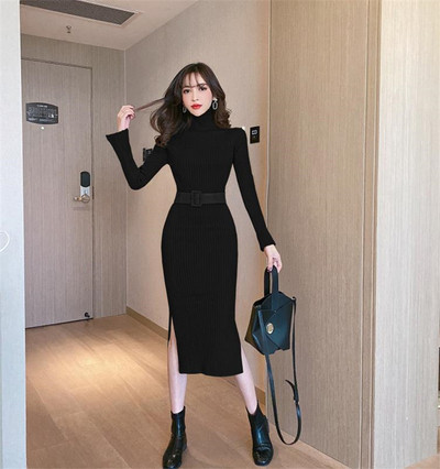 Stiilne lõhiku ja kõrge kraega naiste kleit