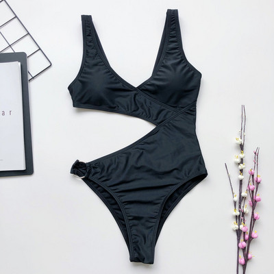 Актуален цял бански с изрязани части и метална халка