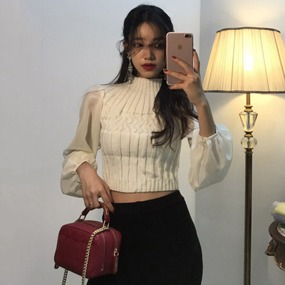 Γυναικεία μοντέρνα μπλούζα με ψηλό γιακά και μανίκια από τούλι