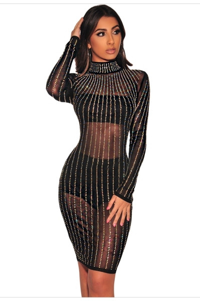 Praegune naiste läbipaistva kleidiga liibuv mudel kõrge krae, pikkade varrukate ja kivikestega