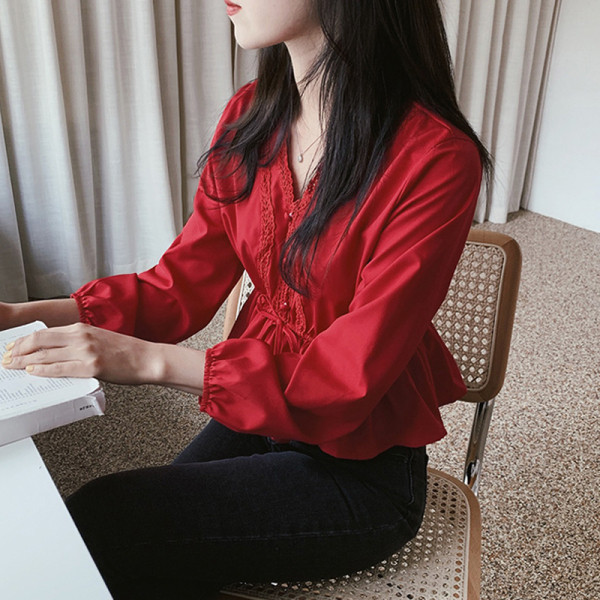 Moodne naiste särk pikkade varrukatega ja spits-kaelusega vöökoha lipsudega