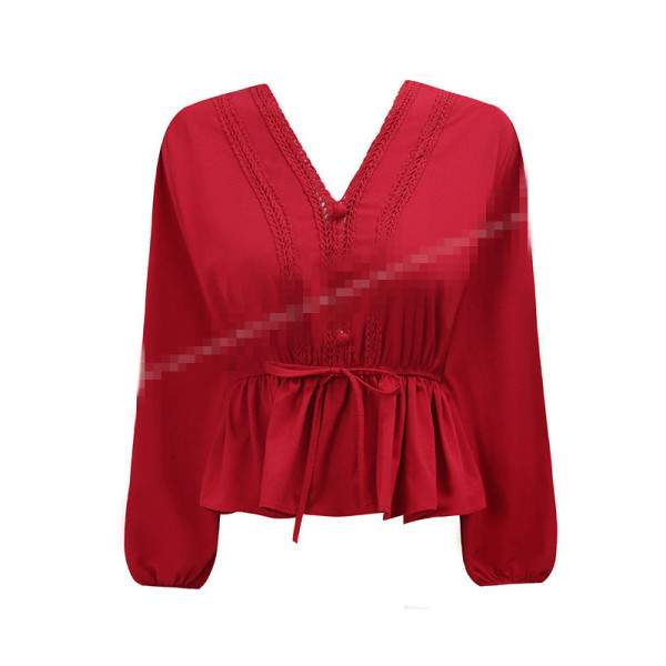 Moodne naiste särk pikkade varrukatega ja spits-kaelusega vöökoha lipsudega