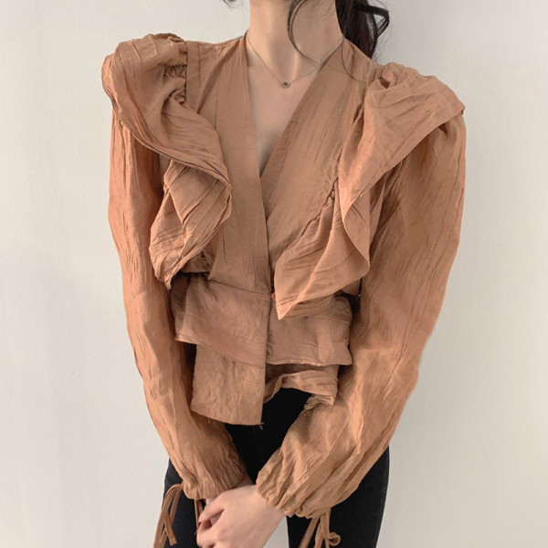 Stiilne naiste pluus spitsikaelusega ja looridega