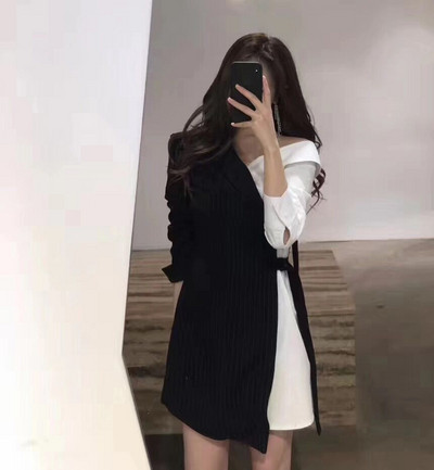 Stiilne must-valge spitsikaelusega naiste kleit