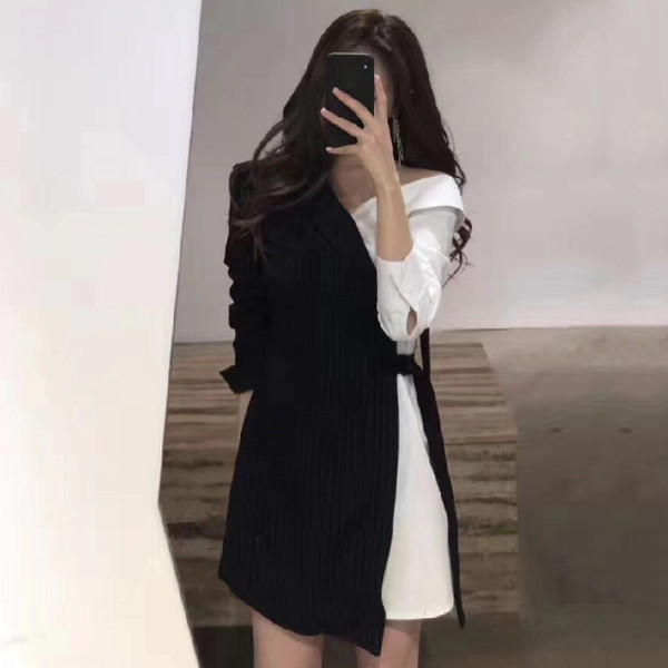 Stiilne must-valge spitsikaelusega naiste kleit