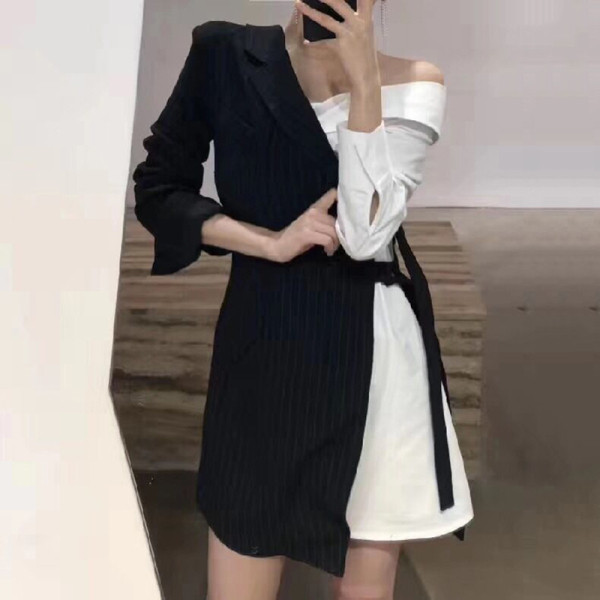 Stiilne must-valge spitsikaelusega naiste kleit