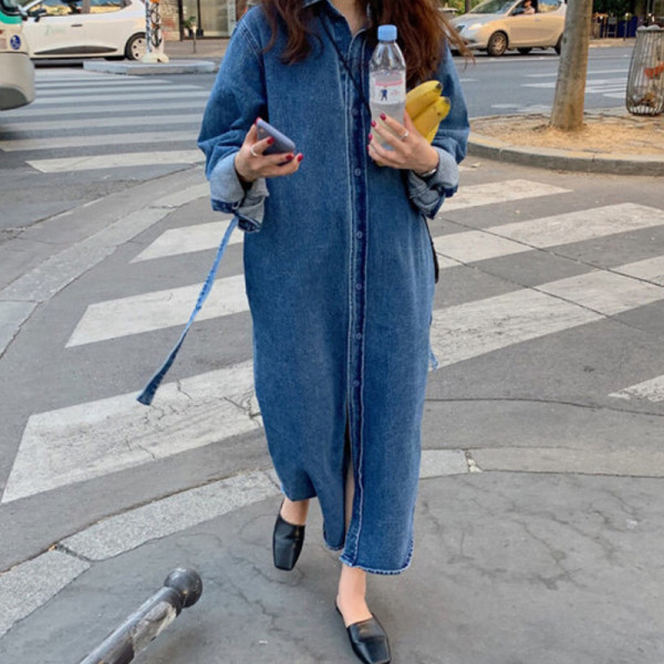 Női farmer ruha hosszú ujjal és derékövvel