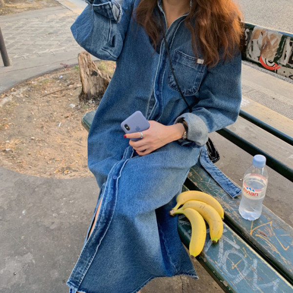 Női farmer ruha hosszú ujjal és derékövvel