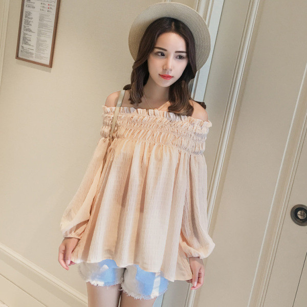 Модерна дамска широка блуза с голи рамене и дълъг ръкав