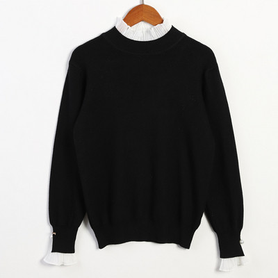 Naiste moodne pärlitega pluus varrukatel ja kõrge kaelusega