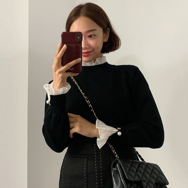 Naiste moodne pärlitega pluus varrukatel ja kõrge kaelusega