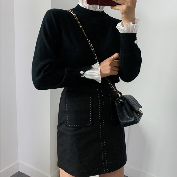 Naiste moodne pärlitega pluus varrukatel ja kõrge kaelusega