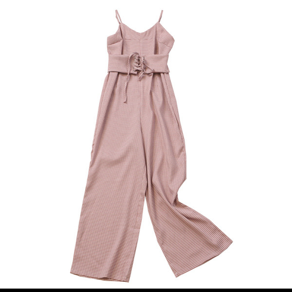 Peenikeste rihmade ja vöökoha lipsudega ruuduline naiste kombinesooni lai mudel