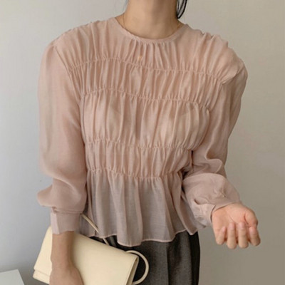 Naiste vabaaja pluus ümara kaelusega