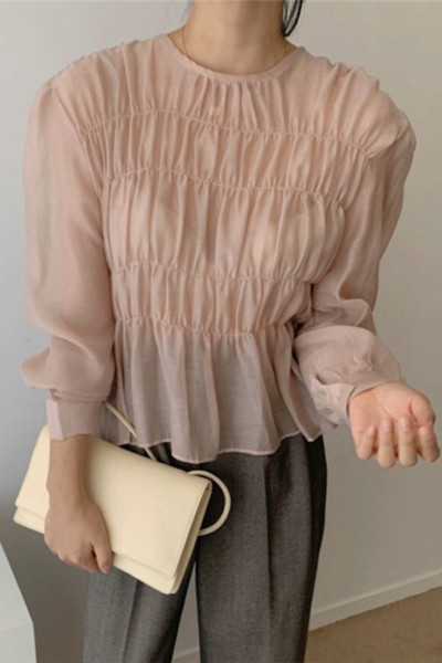 Naiste vabaaja pluus ümara kaelusega