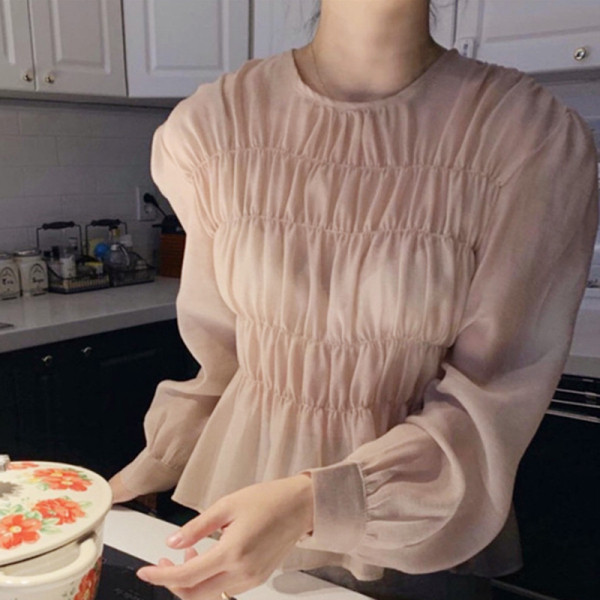 Naiste vabaaja pluus ümara kaelusega