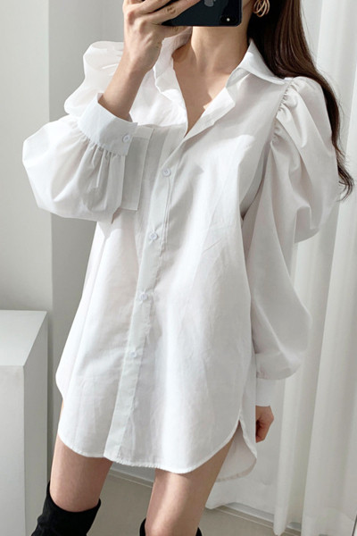 Klassikalise kraega naiste särk lai ja pikk mudel valge