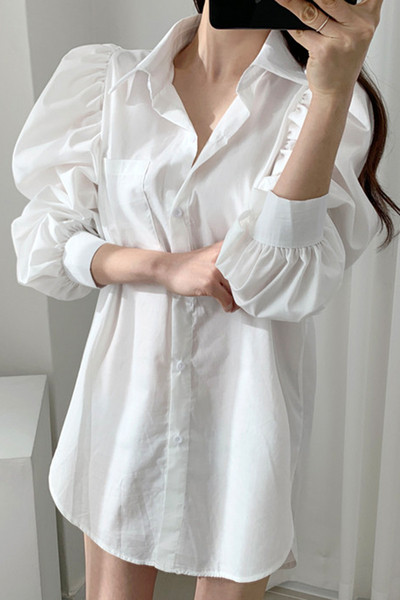 Klassikalise kraega naiste särk lai ja pikk mudel valge