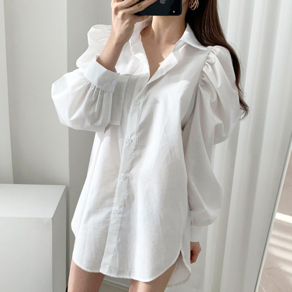 Klassikalise kraega naiste särk lai ja pikk mudel valge