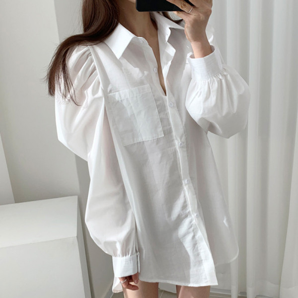 Klassikalise kraega naiste särk lai ja pikk mudel valge