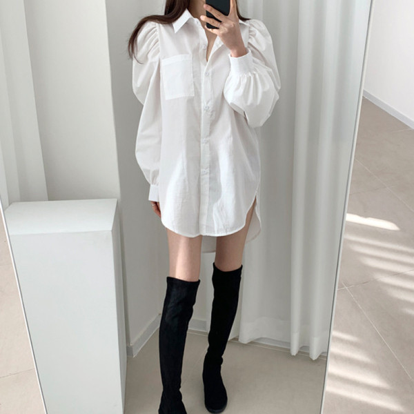 Klassikalise kraega naiste särk lai ja pikk mudel valge