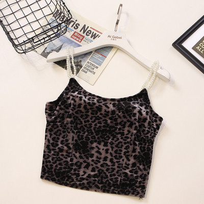 Top de dama scurt din catifea cu model leopard si bretele cu perle