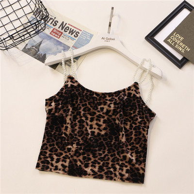 Lühike naiste samettops leopardimustri ja pärlitega rihmadega