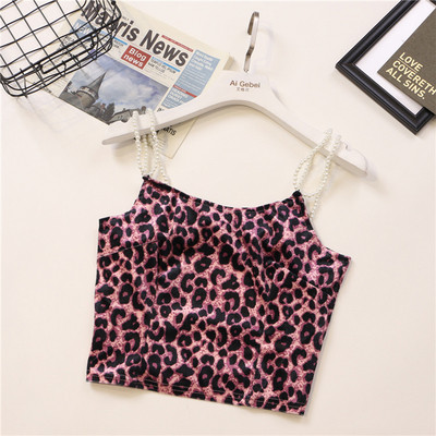 Lühike naiste samettops leopardimustri ja pärlitega rihmadega