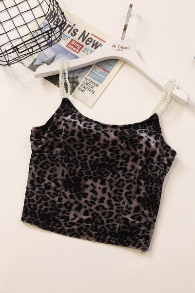 Lühike naiste samettops leopardimustri ja pärlitega rihmadega