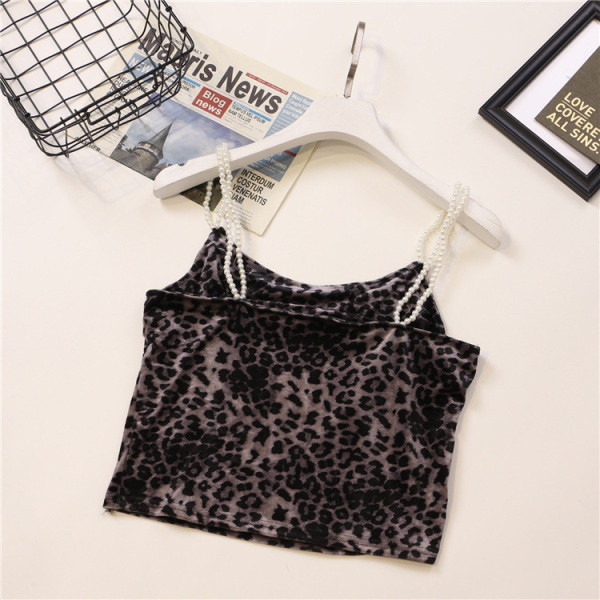 Lühike naiste samettops leopardimustri ja pärlitega rihmadega