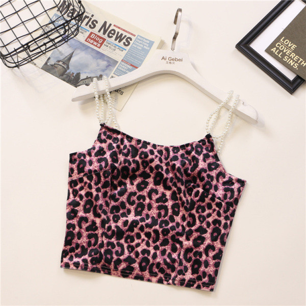 Lühike naiste samettops leopardimustri ja pärlitega rihmadega