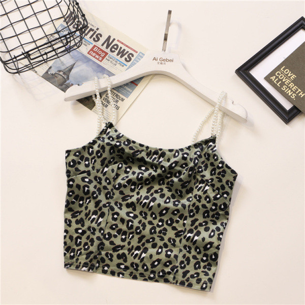 Lühike naiste samettops leopardimustri ja pärlitega rihmadega