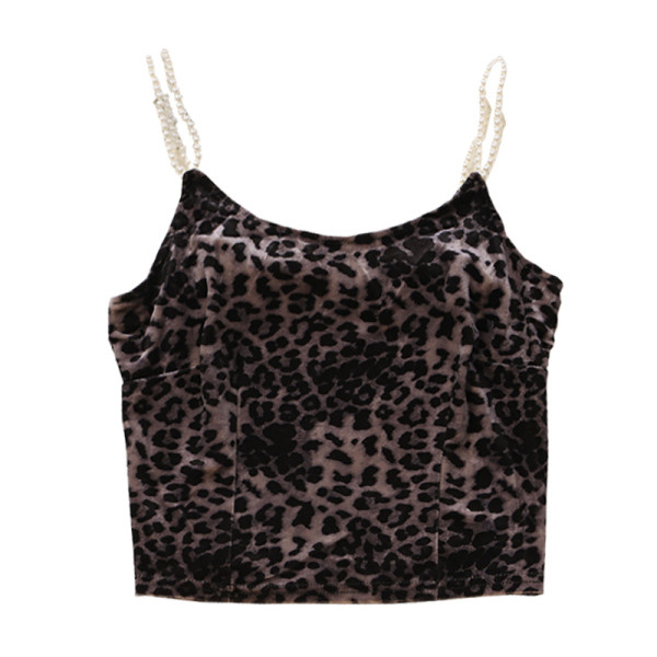 Lühike naiste samettops leopardimustri ja pärlitega rihmadega
