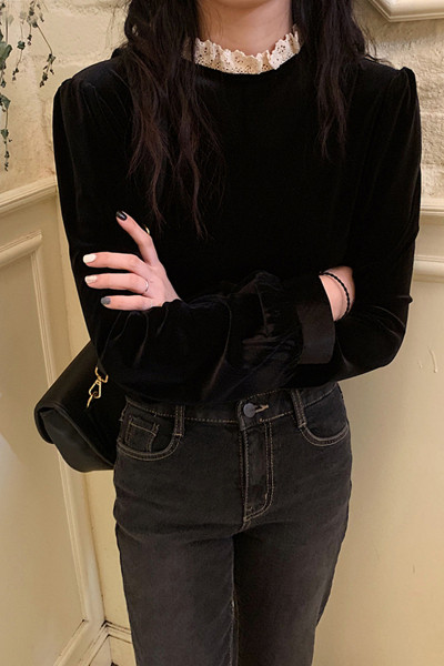 Moodne musta värvi kõrge kraega naiste sametpluus