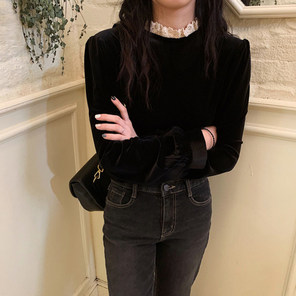 Moodne musta värvi kõrge kraega naiste sametpluus