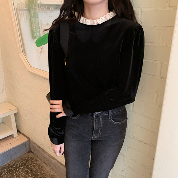 Moodne musta värvi kõrge kraega naiste sametpluus