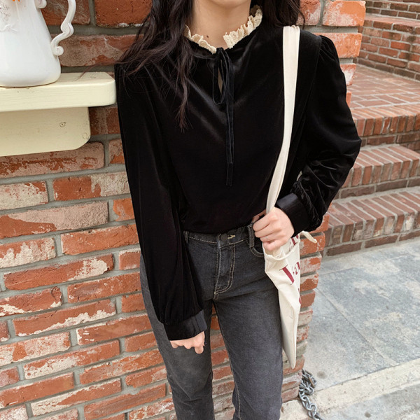 Moodne musta värvi kõrge kraega naiste sametpluus