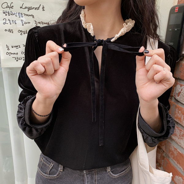 Moodne musta värvi kõrge kraega naiste sametpluus