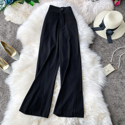 Модерен дамски черен панталон с висока талия - широк модел