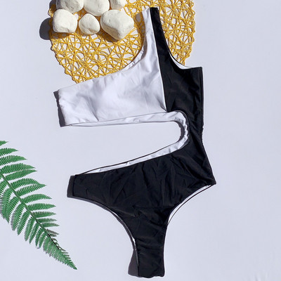 Täielik must-valge ühe rihma ja väljalõikega ujumistrikoo