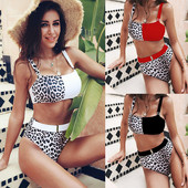 UUS Mudel naiste kaheosaline ujumistrikoo leopardimustri ja kõrge vöökohaga pükstega