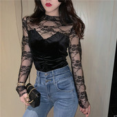 Must naiste sametpluus pitsvarrukatega