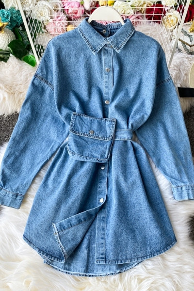 Új modell aktuális női farmer ing hosszú ujjal és övvel táskával