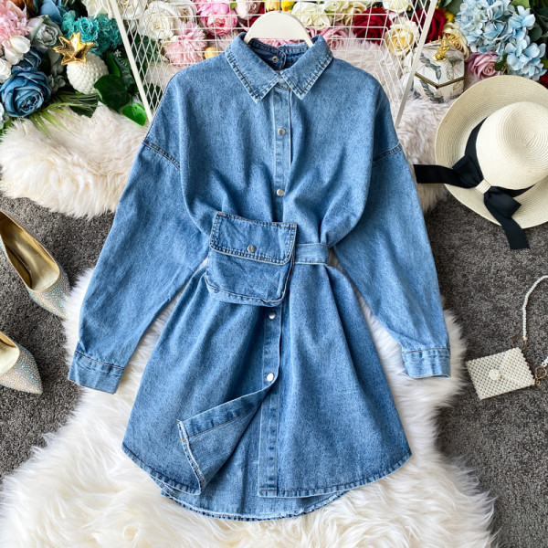 Új modell aktuális női farmer ing hosszú ujjal és övvel táskával