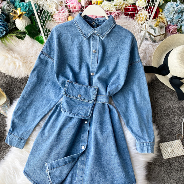 Új modell aktuális női farmer ing hosszú ujjal és övvel táskával