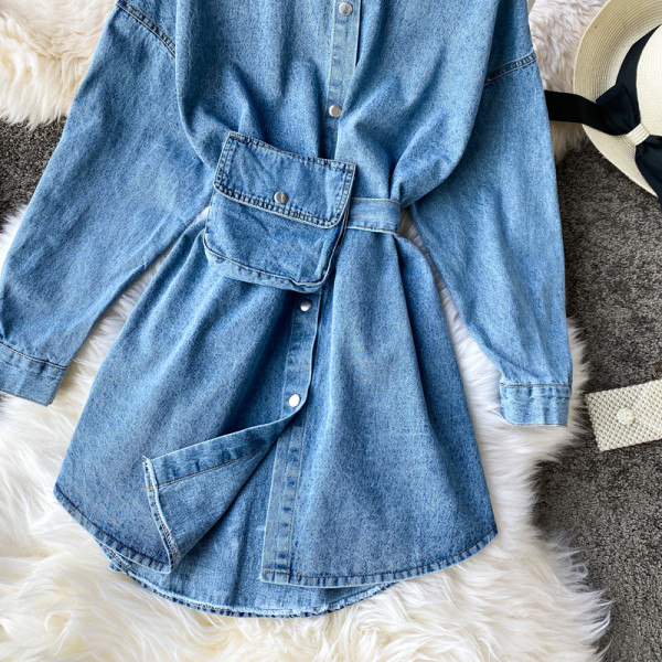 Új modell aktuális női farmer ing hosszú ujjal és övvel táskával